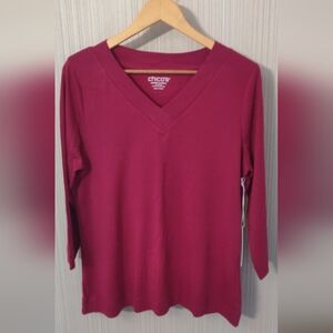 Chico's Women's Pink Pima Cotton 3/4 Sleeve V-Neck T-Shirt Size 2 Large NWT